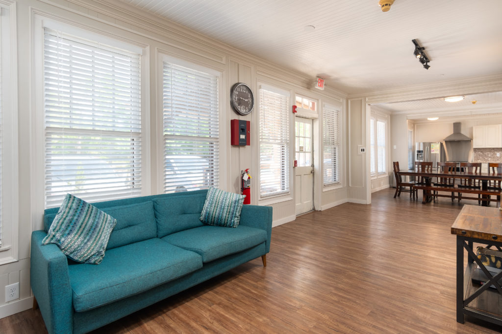 men's facility living area and kitchen